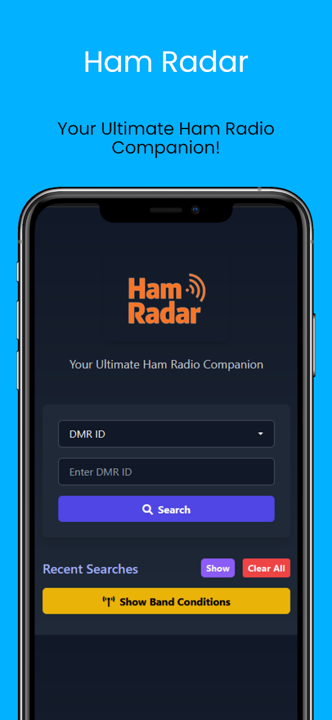 Ham Radar App Interface showing DMR ID lookup and repeater search features